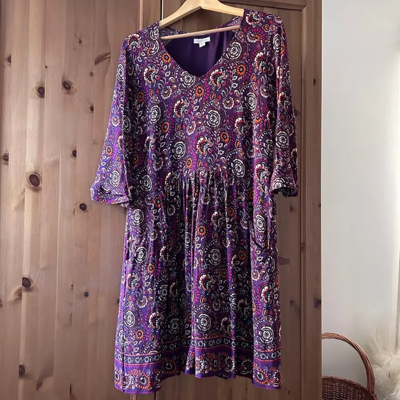 Garnet Hill Bohemian Pocket-Detail Dress Womens 10 V-Neck 3/4 Sleeve Knee Length - Picture 4 of 11